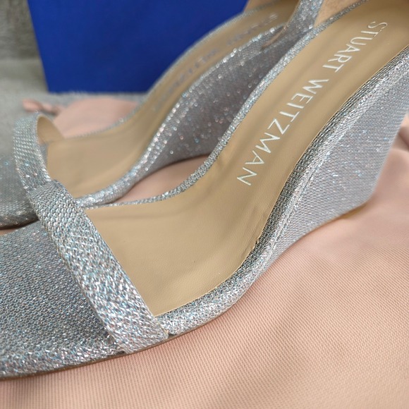 Stuart Weitzman Nudistcurve 85 Wedge Sandals Metallic Silver Heels Size 8.5B NEW - Picture 3 of 7